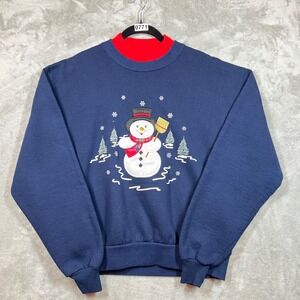 Vintage Christmas Sweatshirt Womens M Blue Snowman Embroidery Winter GrandmaCore